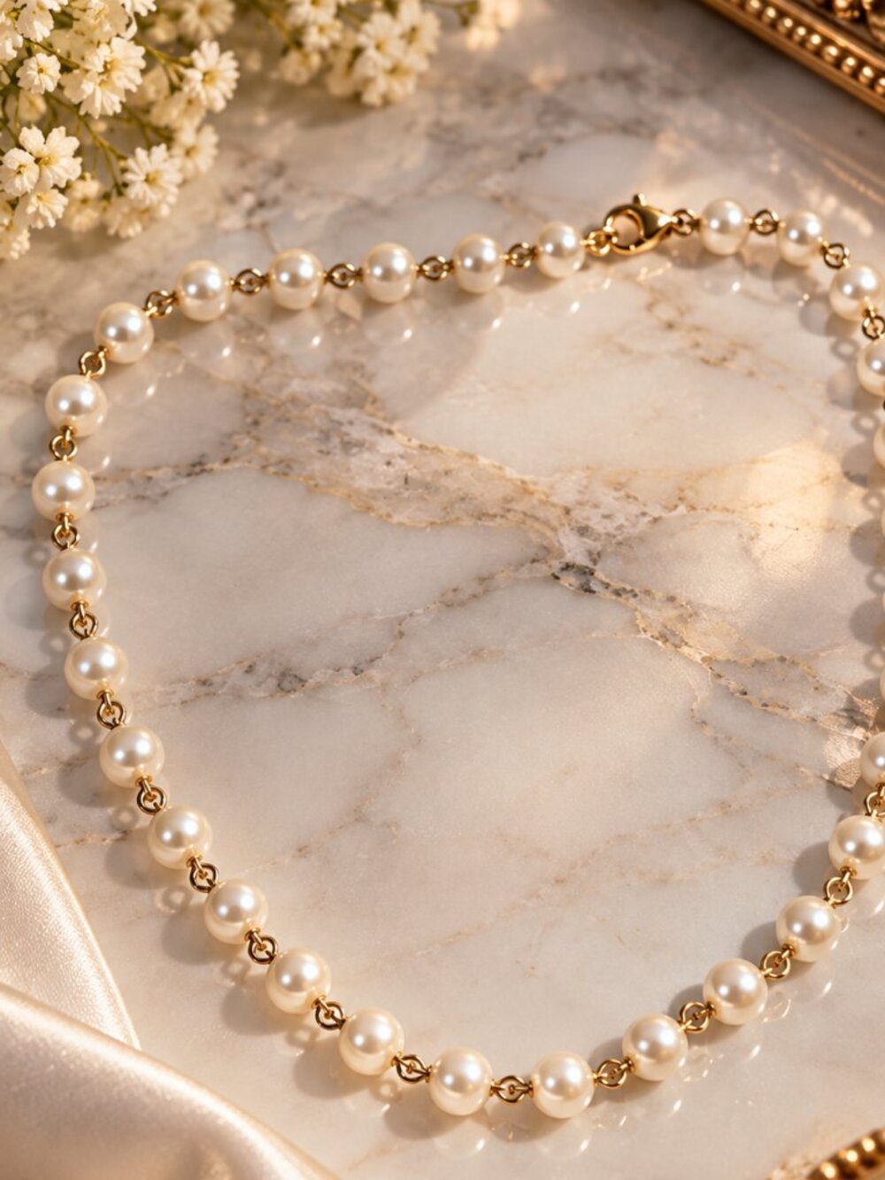 Elegant Faux Pearl & Gold Tone Beaded Necklace – Classic Vintage Style